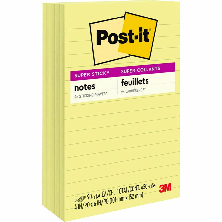 Post-it® Super Sticky Lined Notes, Canary Yellow, Paper, Self-adhesive, 5 / Pack, MMM660-5SSCY