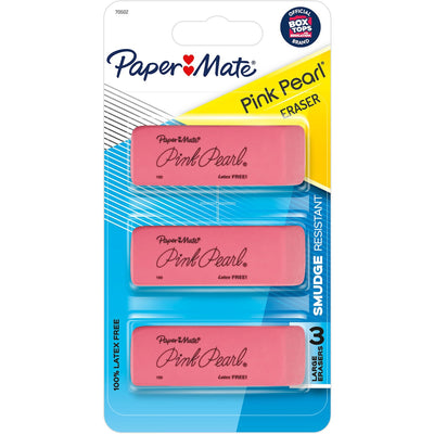 Paper Mate Pink Pearl Eraser, Rubber, Pliable, 3 / Pack, PAP70502