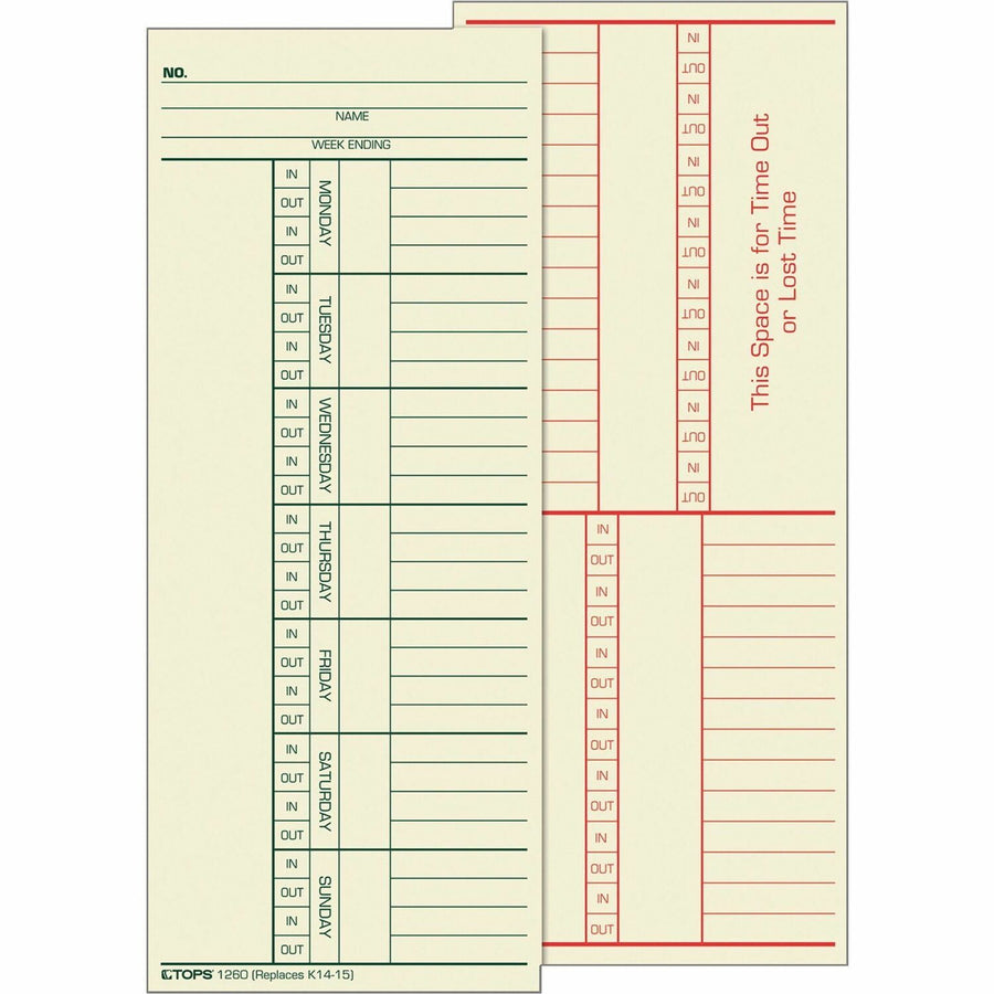 TOPS 2-Sided Weekly Time Cards, 3.37" Width x 8.25" Length, Manila, 500 / Box, TOP1260