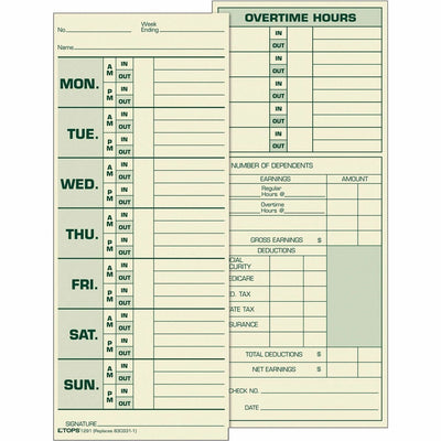 TOPS Monday-Sunday Time Cards, Yellow, 3.50" Width x 8.50" Length, 500 / Box, TOP1291