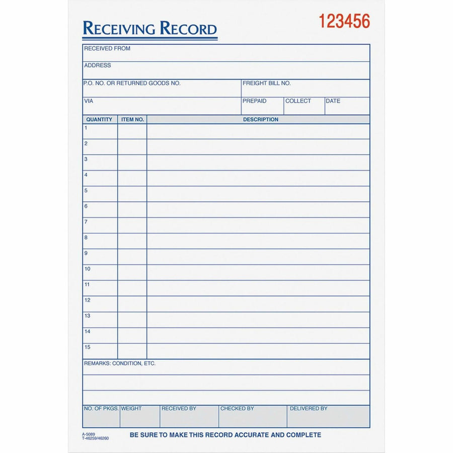 TOPS Carbonless Receiving Record Forms, 5.56" Width x 8.44" Length, Punched, TOP46260