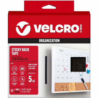 VELCRO® Sticky Back 15ft x 3/4in Roll Black, 0.75", Hook & Loop Fastener, 1 Roll, VEK90081
