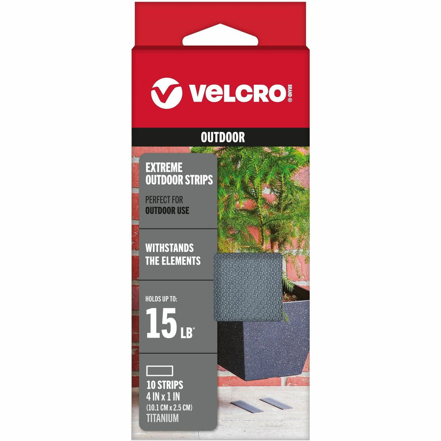 VELCRO® Extreme Outdoor 4in x 1in Strips Titanium 10 ct, Polyester, Peel & Stick, 10 / Pack, VEK90812