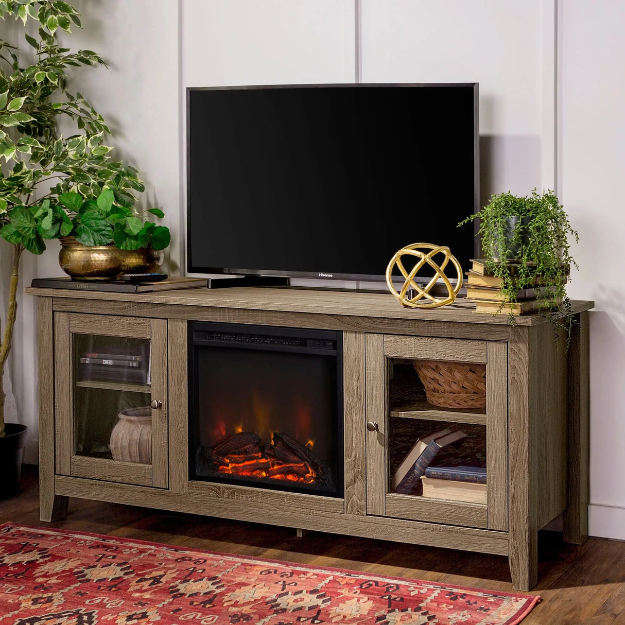W. Trends TV Stand with Electric Fireplace (58", Driftwood) | Stylish Media Console W. Trends