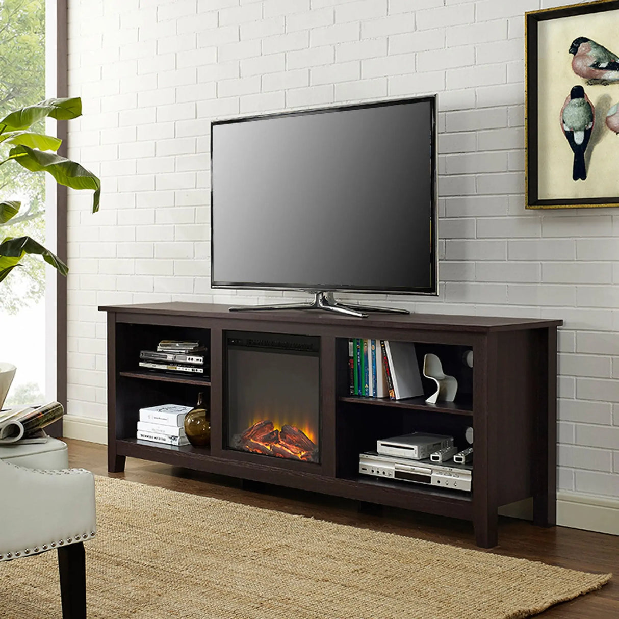 W. Trends Rustic Fireplace TV Stand (70", Espresso) | Open Storage for TVs up to 80" W. Trends