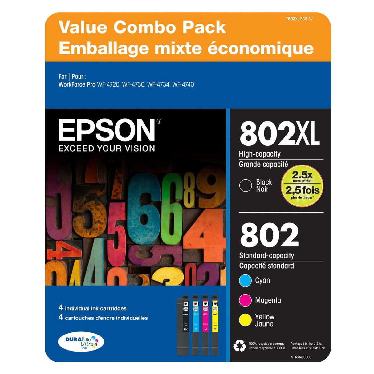 Epson T802 Color Ink Cartridge Set (4-Pack) | High-Performance Printing for Epson EcoTank Epson
