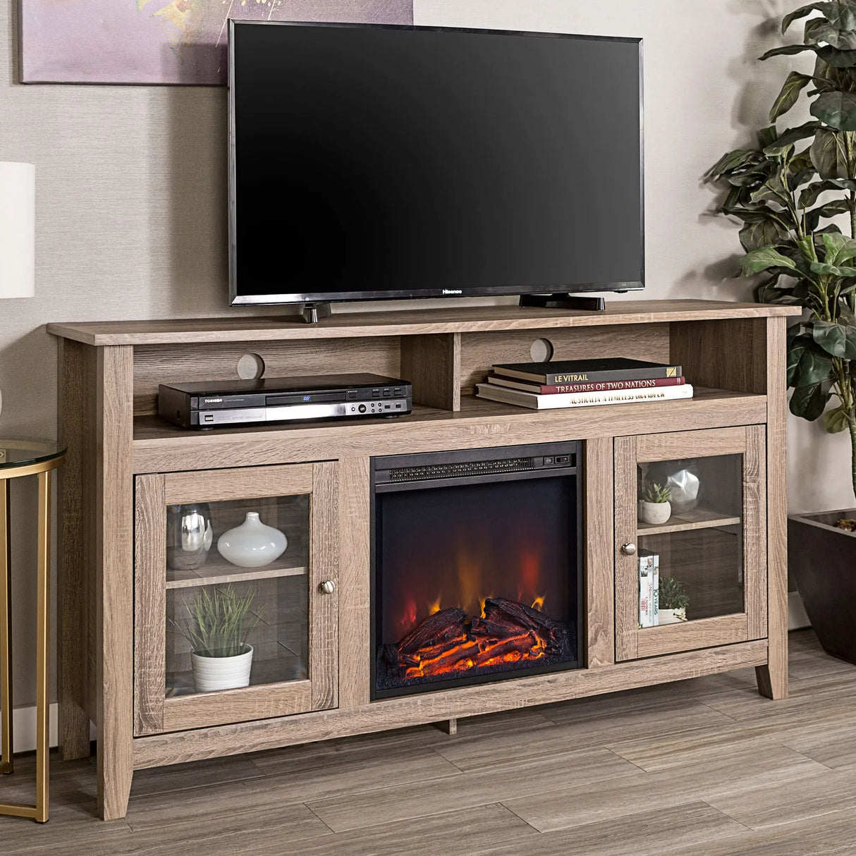W. Trends Fireplace TV Stand (58", Driftwood) | Glass Door & Electric Heater for TVs up to 65" W. Trends