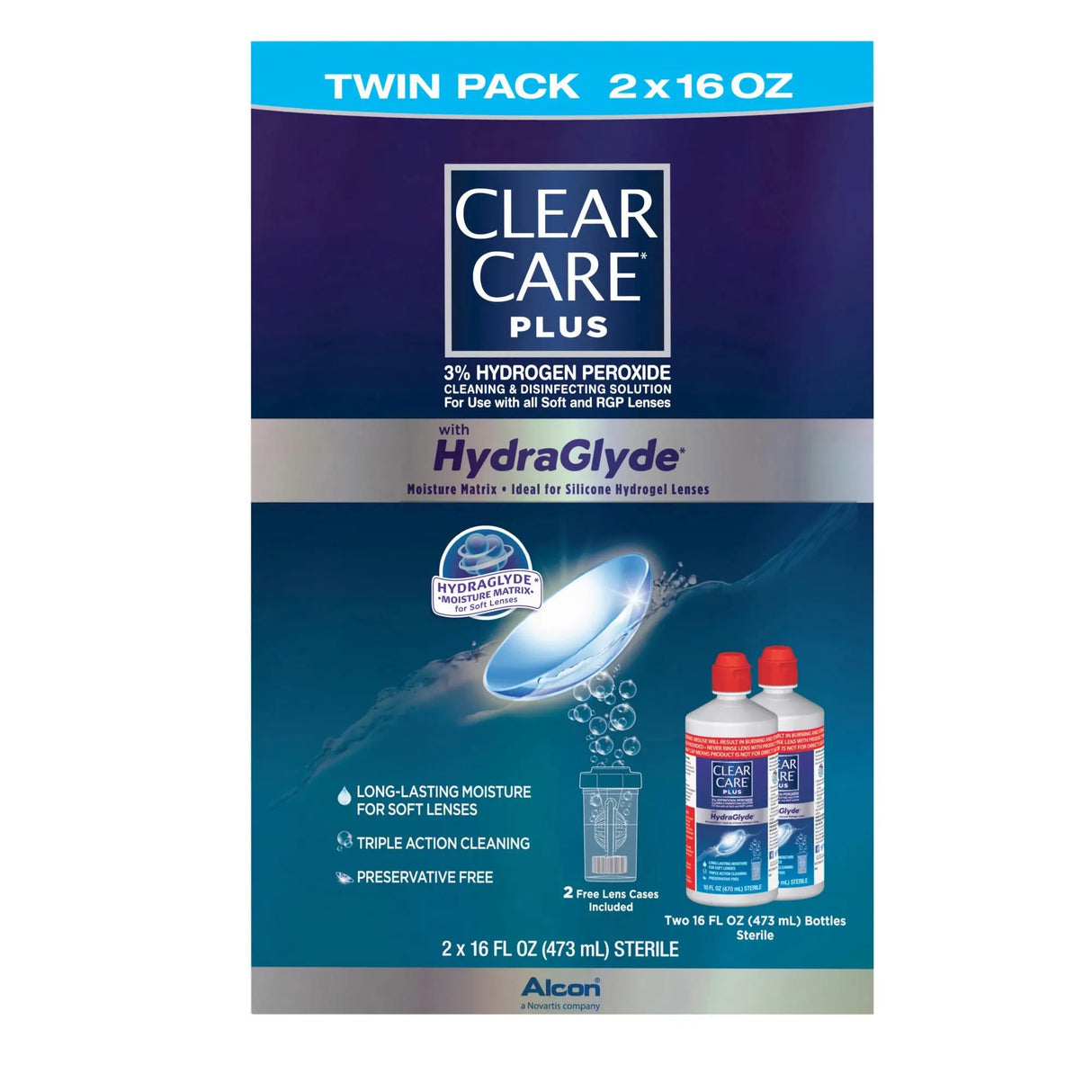 Clear Care Plus Lens Solution (2-Pack, 16 oz Each) | Deep Cleaning Hydrogen Peroxide Formula Clear Care