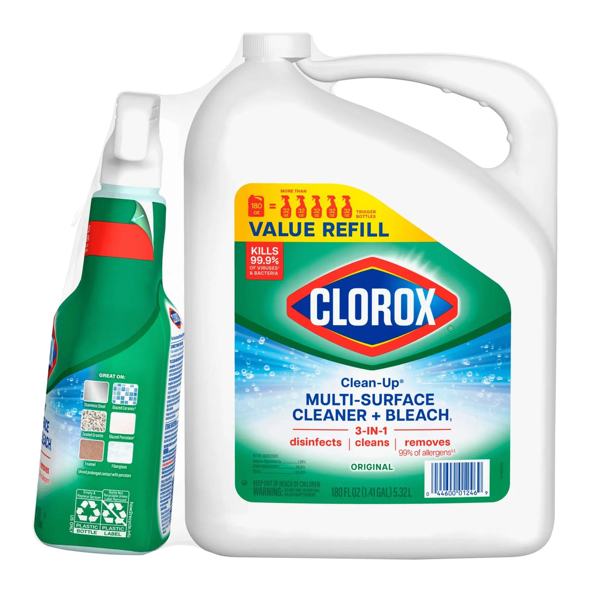 Clorox Clean‑Up All-Purpose Cleaner with Bleach (Spray 32 oz + Refill 180 oz) | Powerful Disinfecting & Whitening Clorox
