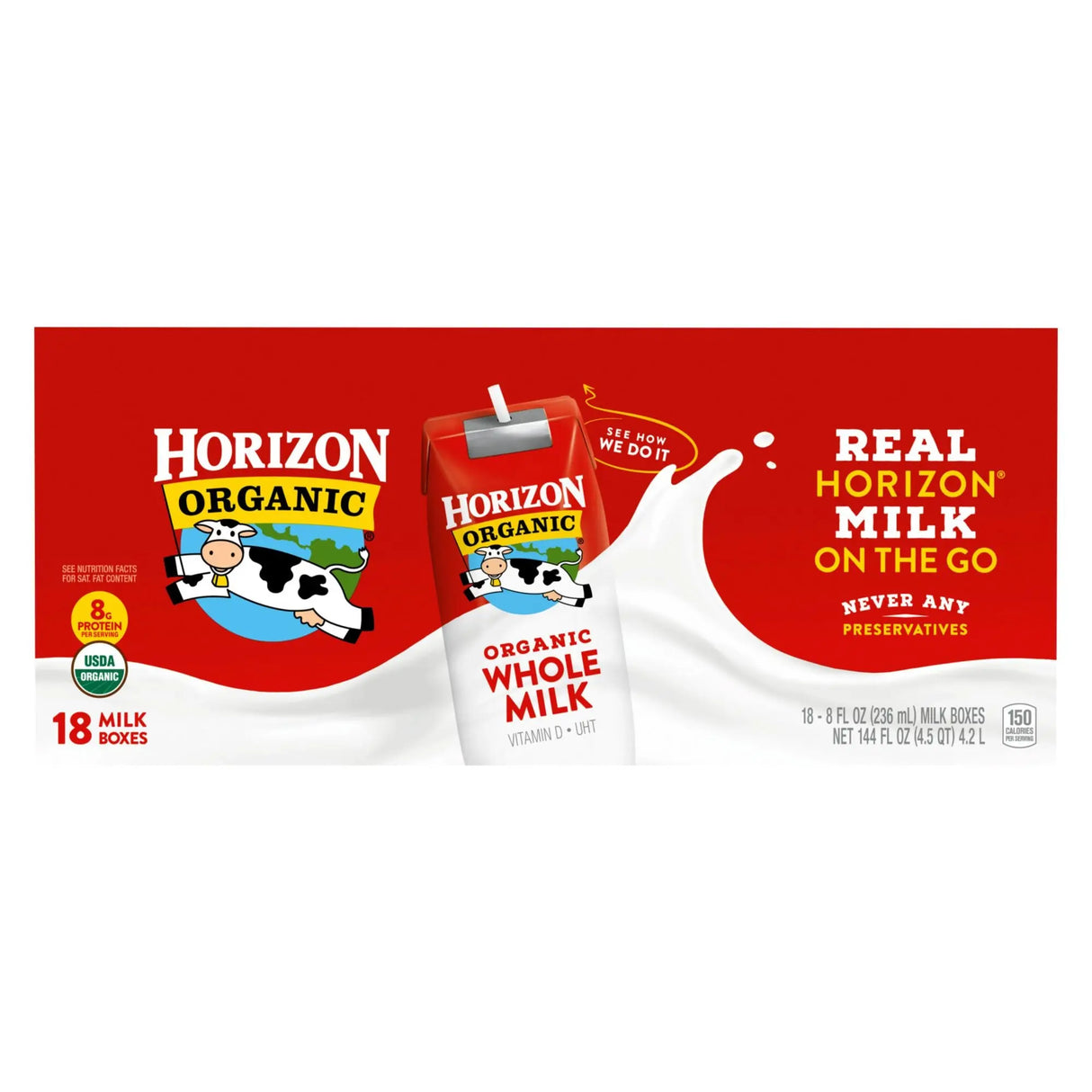 Horizon Organic Milk Boxes (18-Pack, 8 oz Each) | Shelf-Stable USDA Organic Whole Milk Horizon Organic