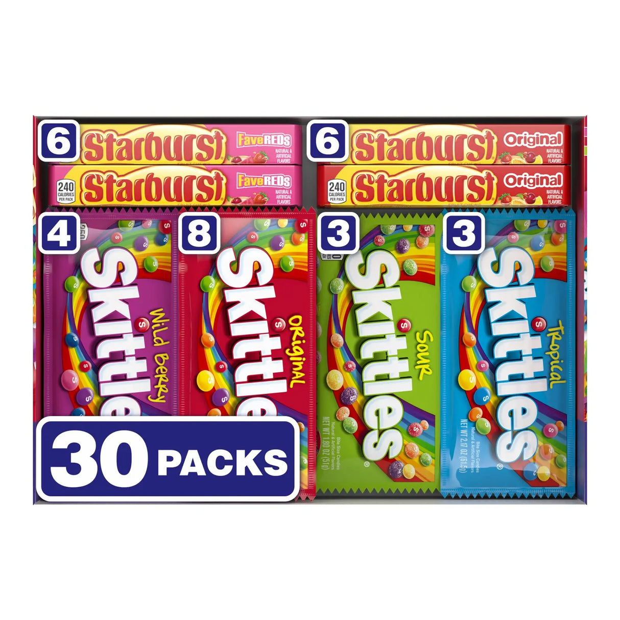Skittles & Starburst Variety Pack (30 ct.) | Full-Size Assorted Fruity Candy Skittles, Starburst