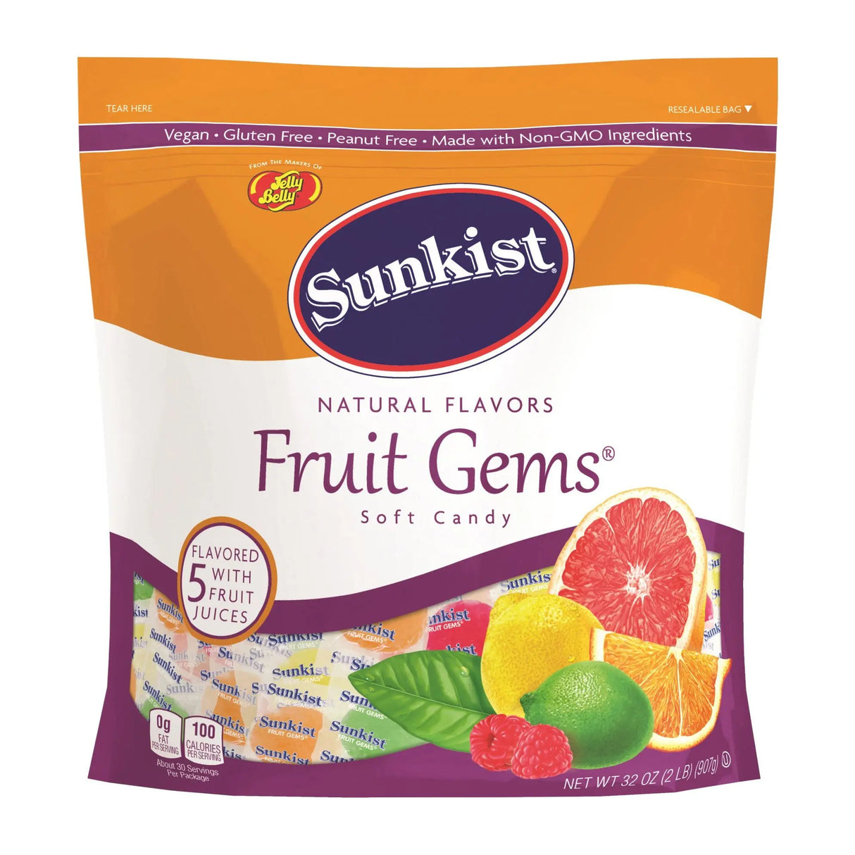 Sunkist Fruit Gems Soft Candy (2 lbs) | Assorted Flavors in Chewy, Sugary Bites Jelly Belly