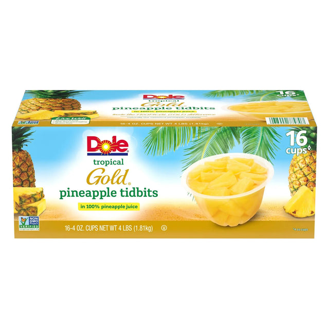 Dole Tropical Gold Pineapple Tidbits (16-Pack, 4 oz Each) | Sweet Fruit Cups Dole