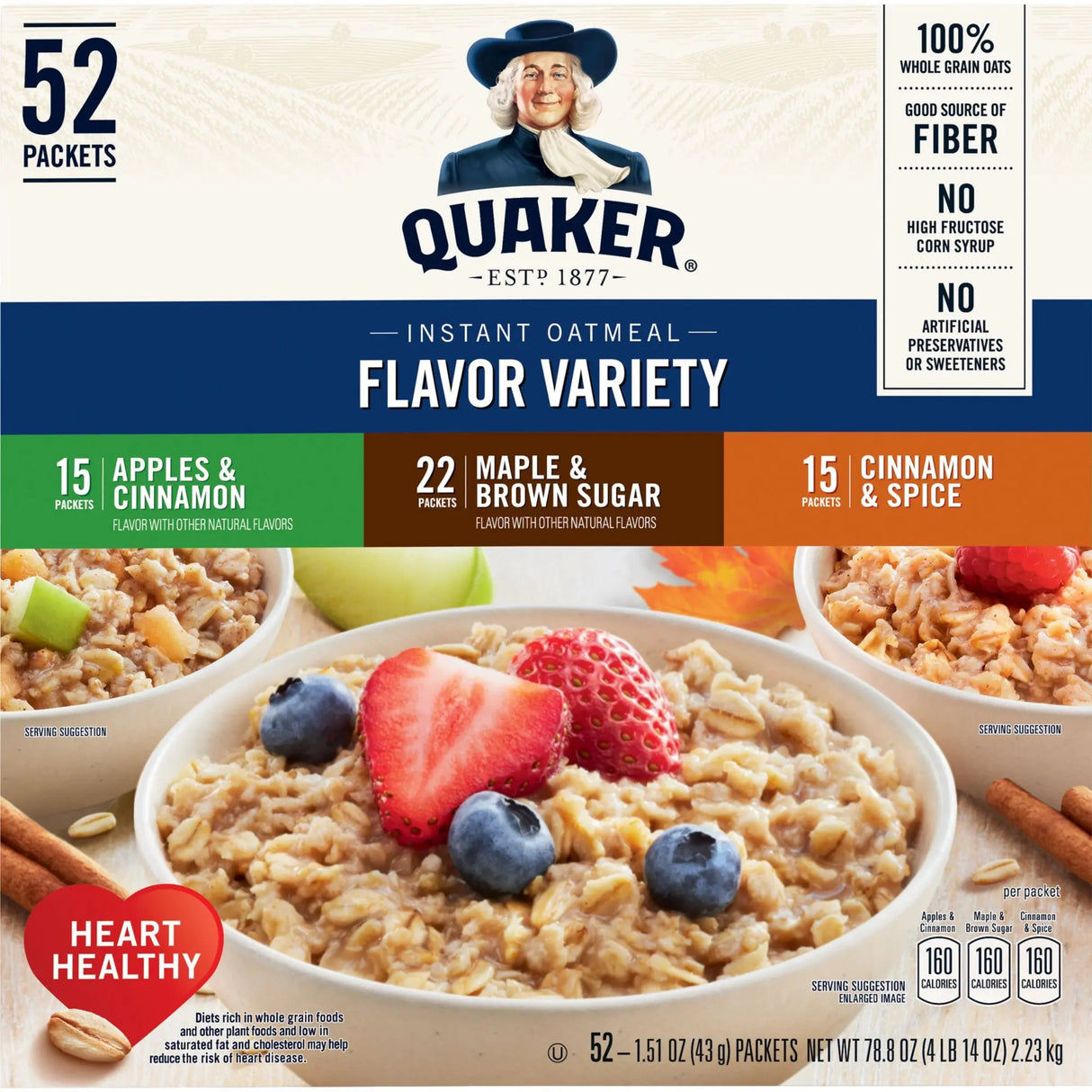 Quaker Instant Oatmeal Variety Pack (52-Pack, 1.46 oz Each) | Hot Breakfast On-the-Go Quaker