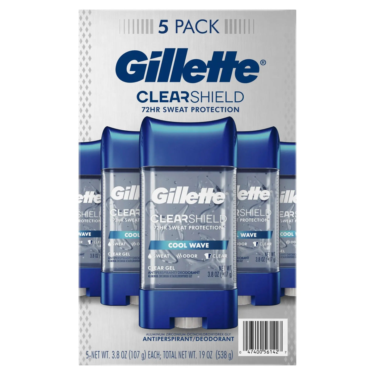 Gillette Ultimate Protection Clear Gel (5-Pack, 3.8 oz Each) | Cool Wave 6-in-1 Antiperspirant Gillette