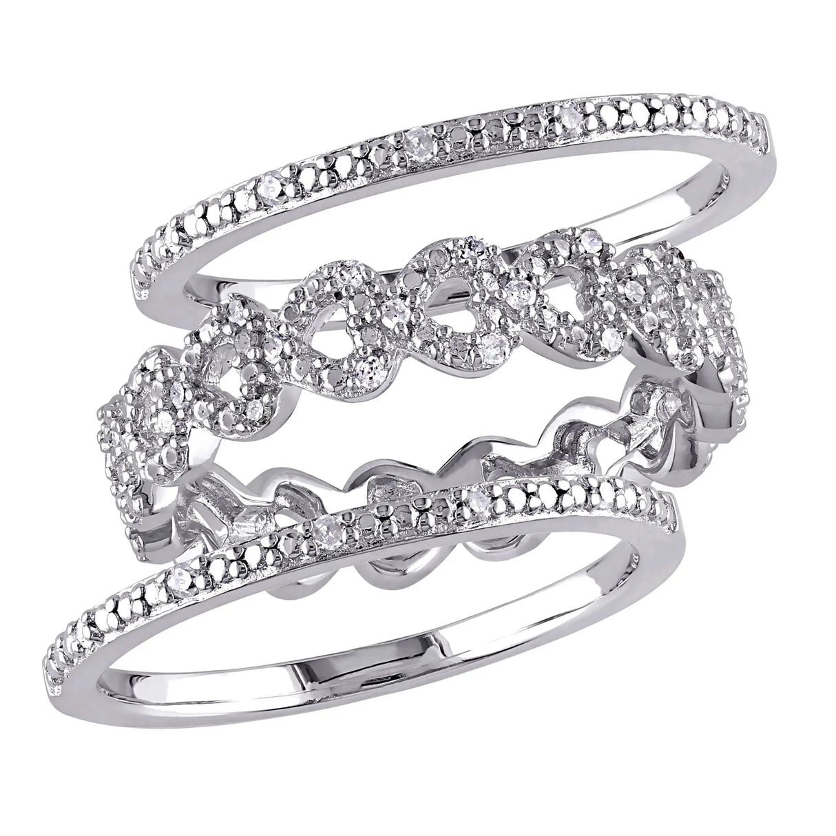 Diamond Heart Link Ring Set (0.125 ct t.w., Sterling Silver) | Three-Piece Romantic Ensemble AFS Wholesale Shop
