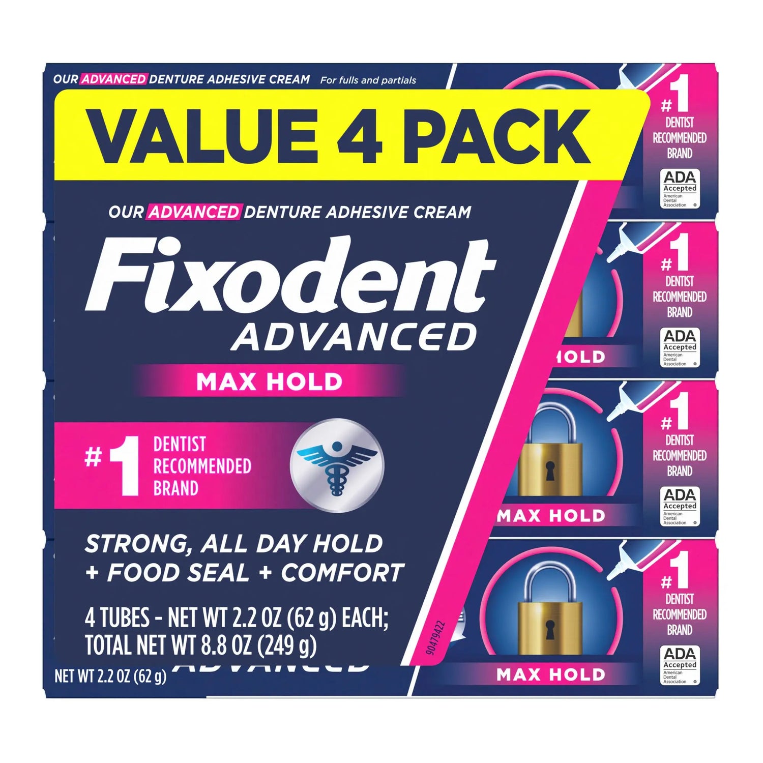 Fixodent Advanced Max Hold Denture Adhesive (4-Pack, 2.2 oz Each) | Secure, All-Day Hold Fixodent