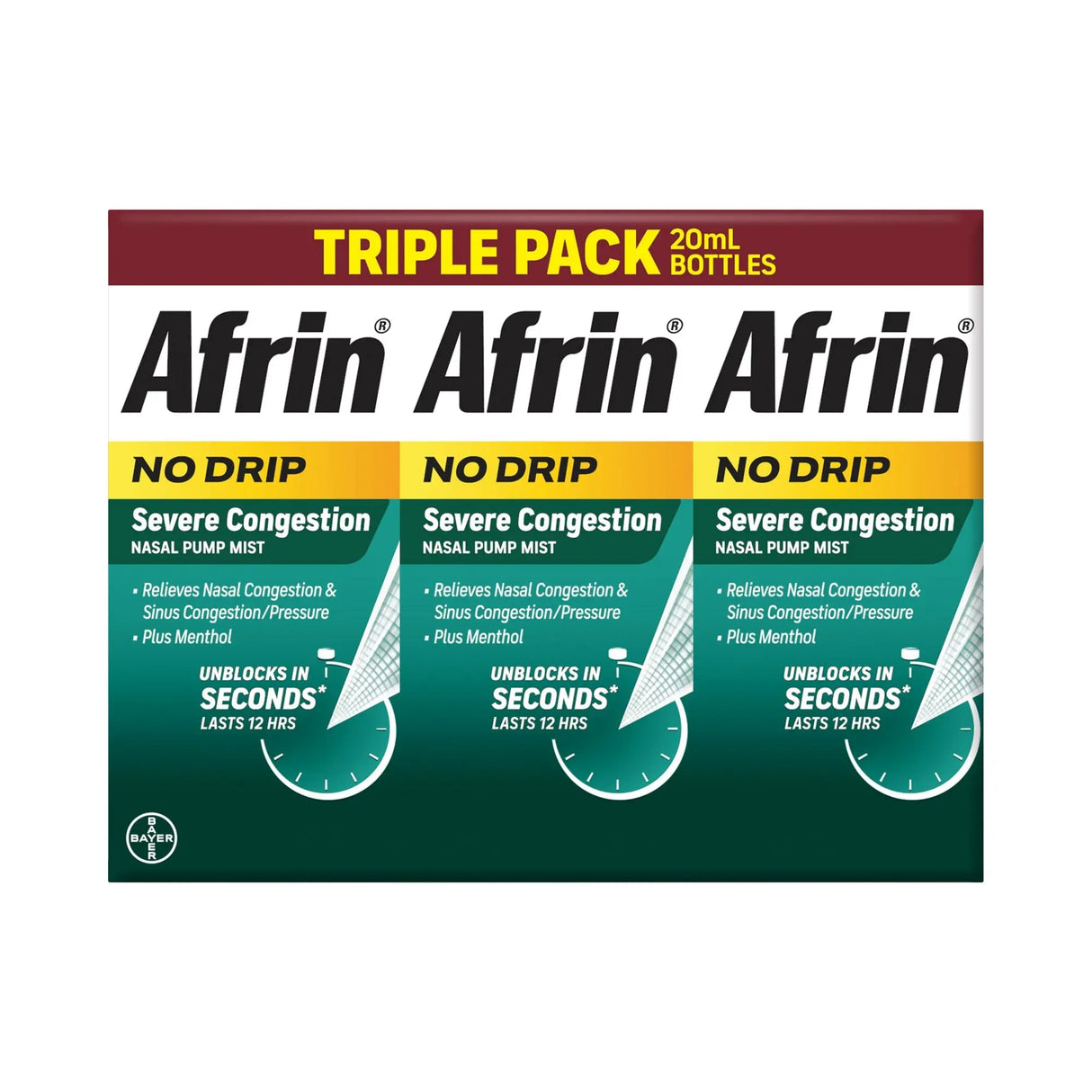 Afrin Severe Congestion Nasal Spray (3-Pack, 20 mL Each) | 12-Hour No-Drip Relief Afrin