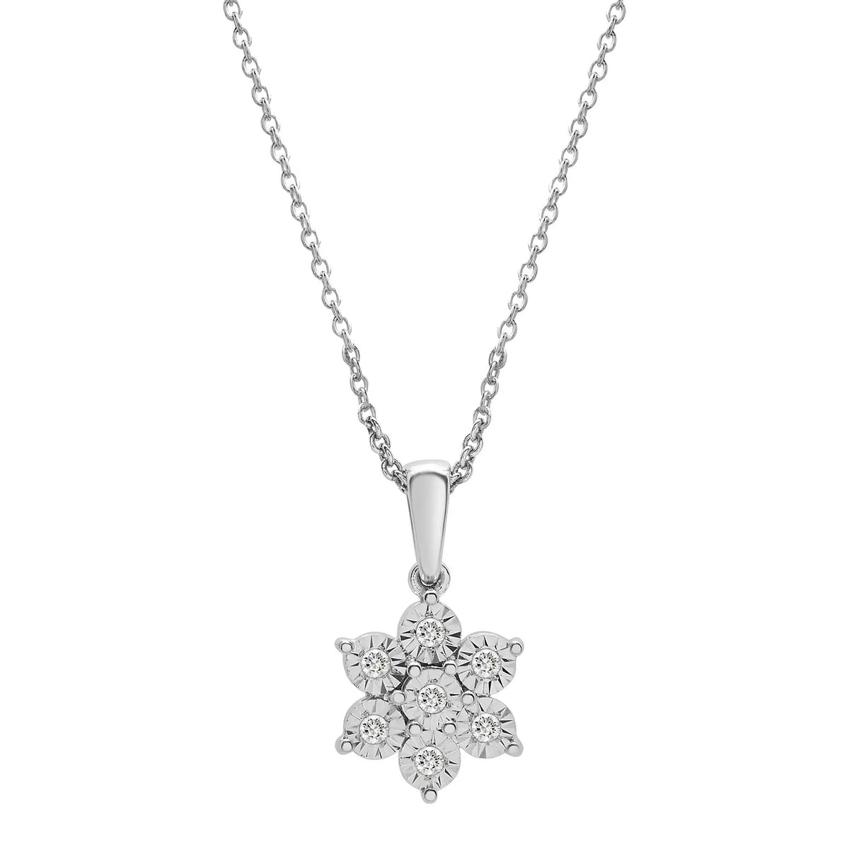 Diamond Flower Pendant (0.10 ct. t.w., Sterling Silver) | Elegant Miracle-Plate Accent Necklace MJJ Brilliant