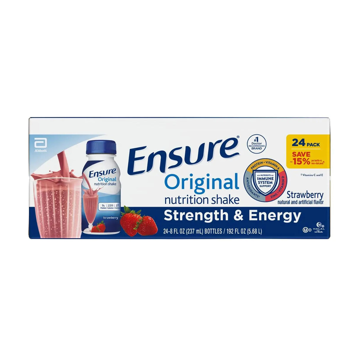 Ensure Original Strawberry Nutrition Shakes (24-Pack, 8 fl oz Each) | 9g Protein & Essential Nutrients Ensure