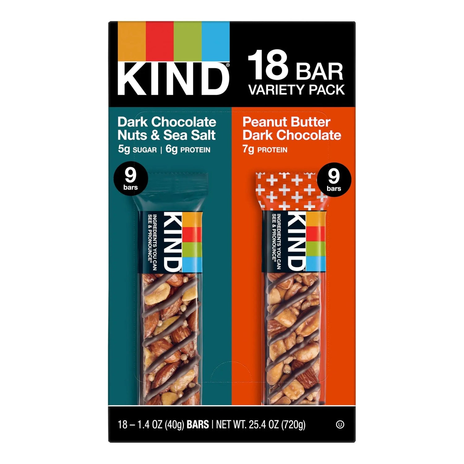 Kind Dark Chocolate & Peanut Butter Nut Bars (18-Pack, 1.4 oz Each) | Protein-Packed Indulgent Snack Kind