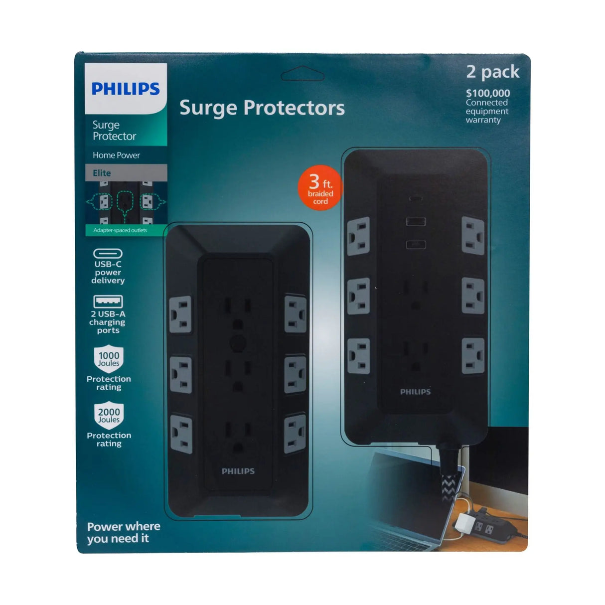Philips 17-Outlet Surge Tap/Protector Combo (2-Pack) | Expandable Power with USB & Surge Defense Philips