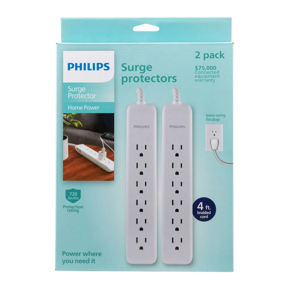 Philips 6-Outlet Surge Protector (2-Pack) | Multi-Device Power & Overload Protection Philips