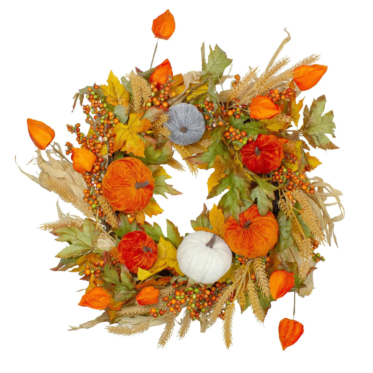 Northlight Velvet Pumpkins & Wheat Wreath (24") | Luxurious Fall Harvest Décor Northlight