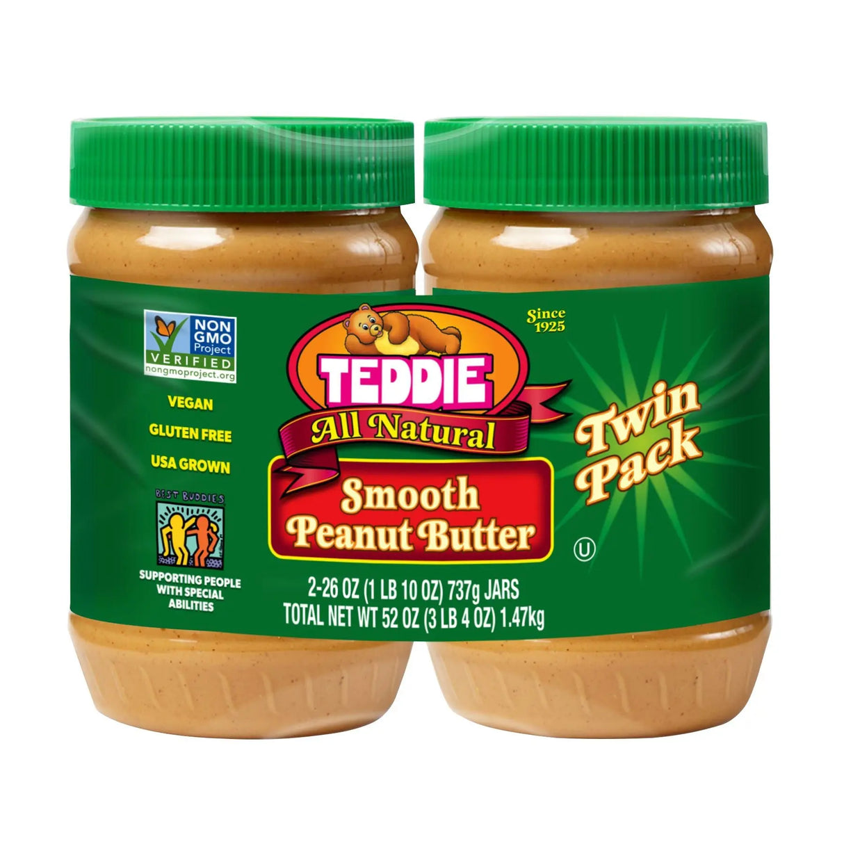 Teddie All-Natural Peanut Butter (2-Pack, 26 oz Each) | Creamy & Preservative-Free Teddie