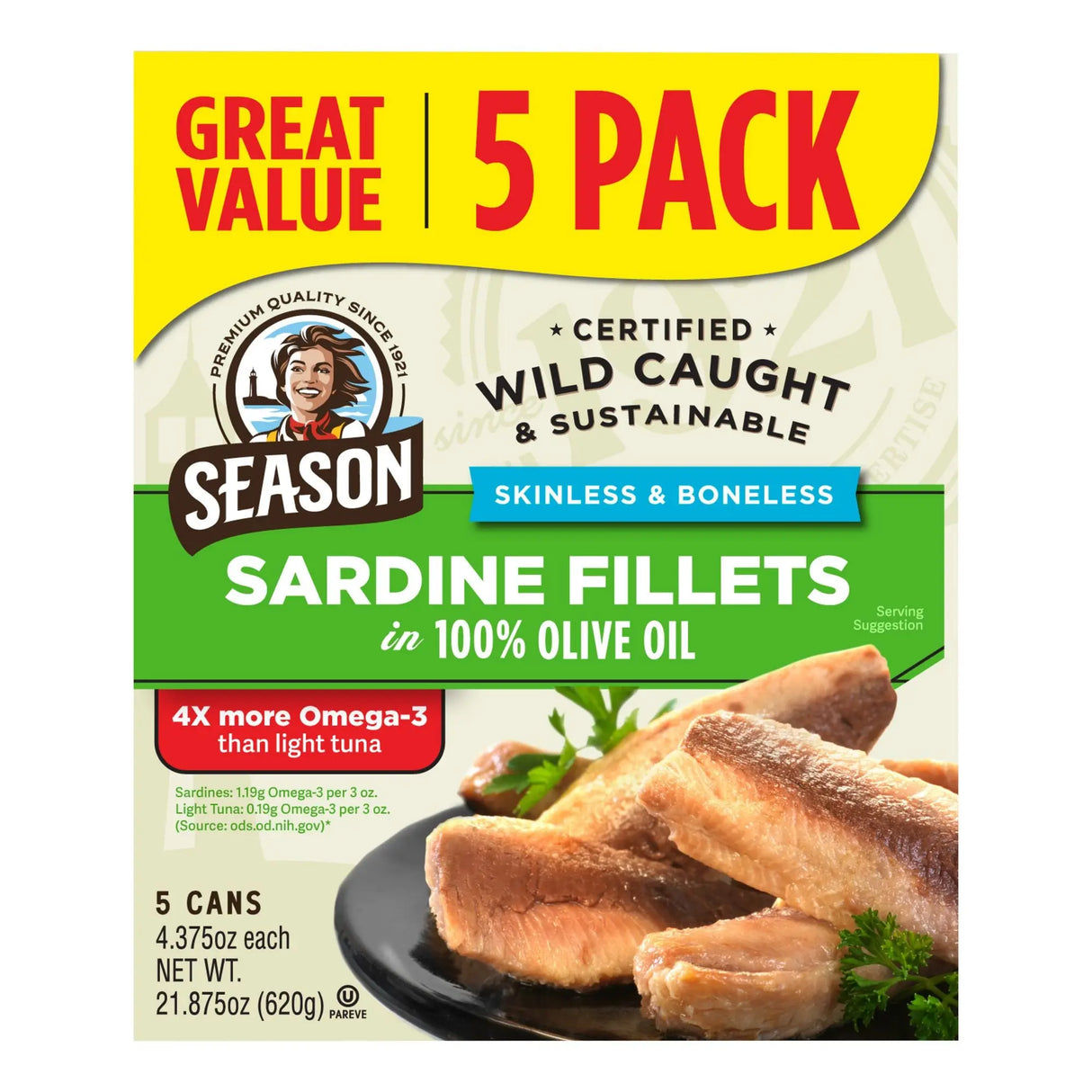 Season Skinless & Boneless Sardines in Olive Oil (5-Pack) | Protein-Rich, Omega-3 Snack Ready to Eat Season