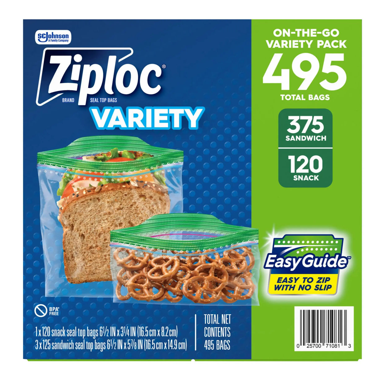 Ziploc On-The-Go Sandwich & Snack Bags Variety Pack (495 ct.) | Perfect for Portion Control & Travel Ziploc