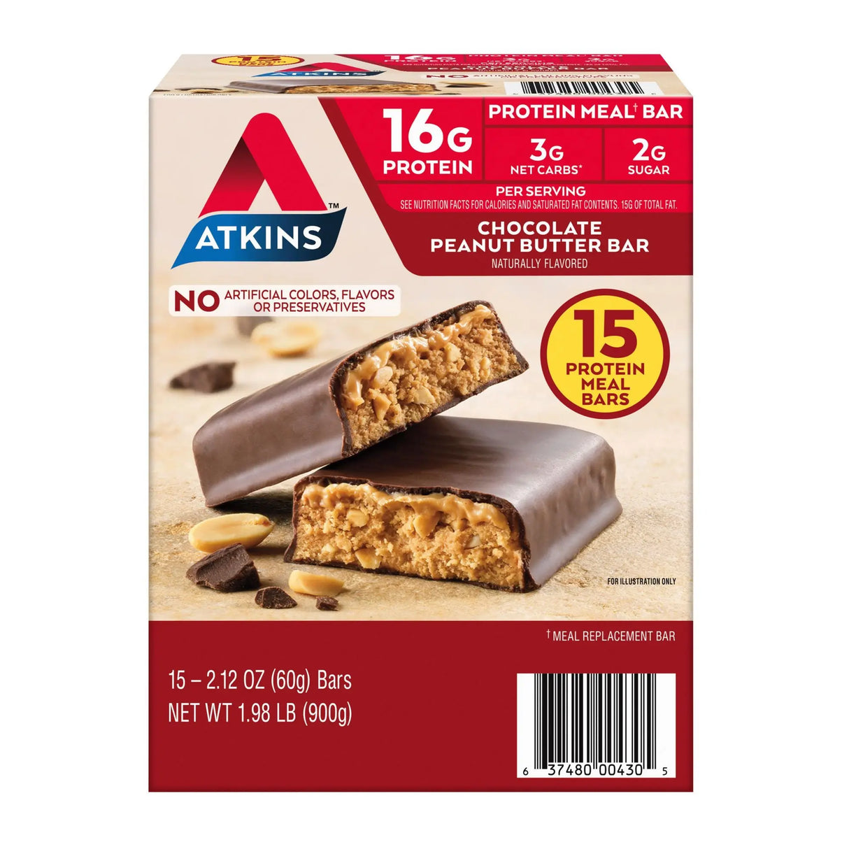 Atkins Chocolate Peanut Butter Meal Bars (15-Pack) | 16g Protein Low-Carb Energy Fuel Atkins
