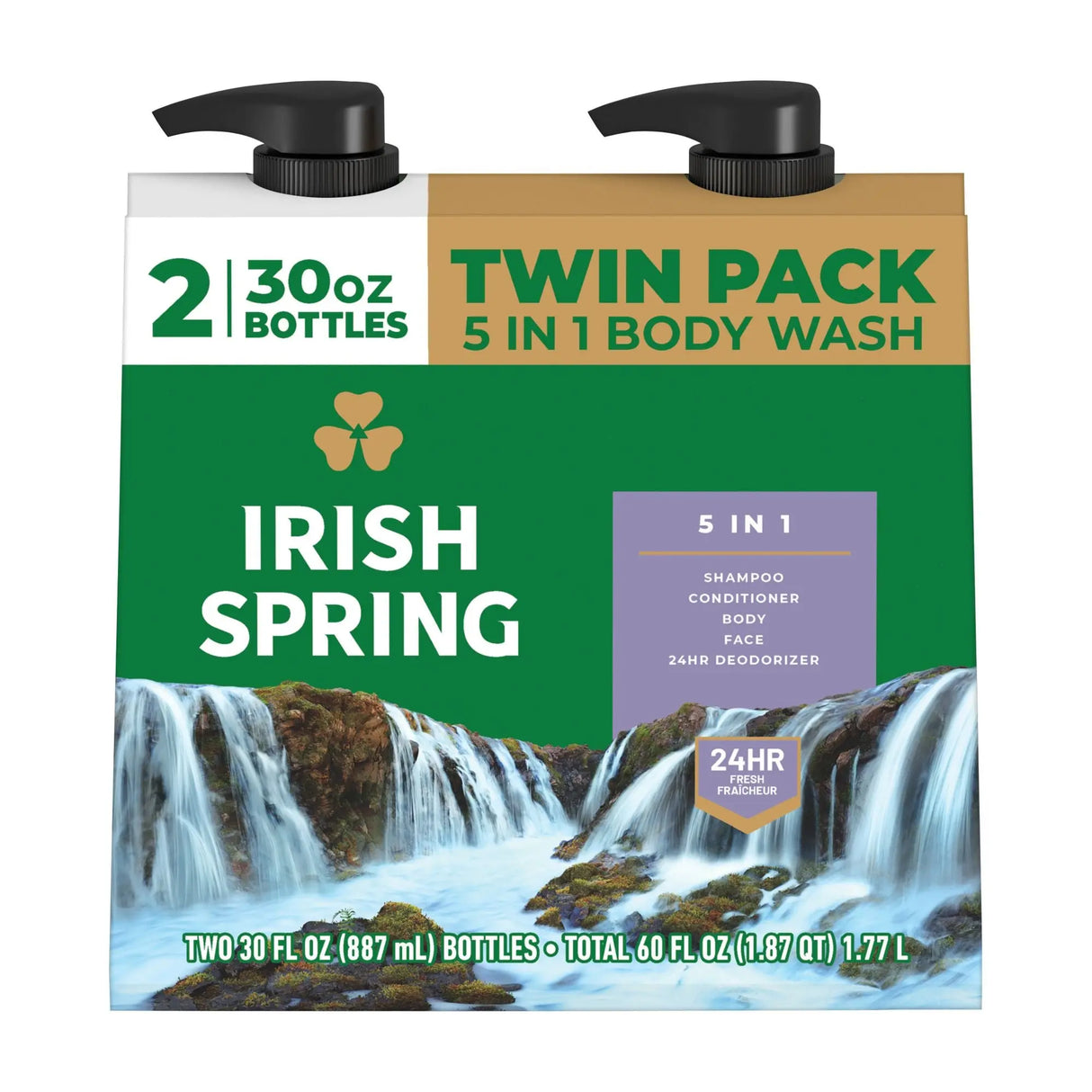 Irish Spring 5-in-1 Men's Body Wash (2-Pack, 30 oz Each) | Cool Fresh Scent with Advanced Cleaning Irish Spring