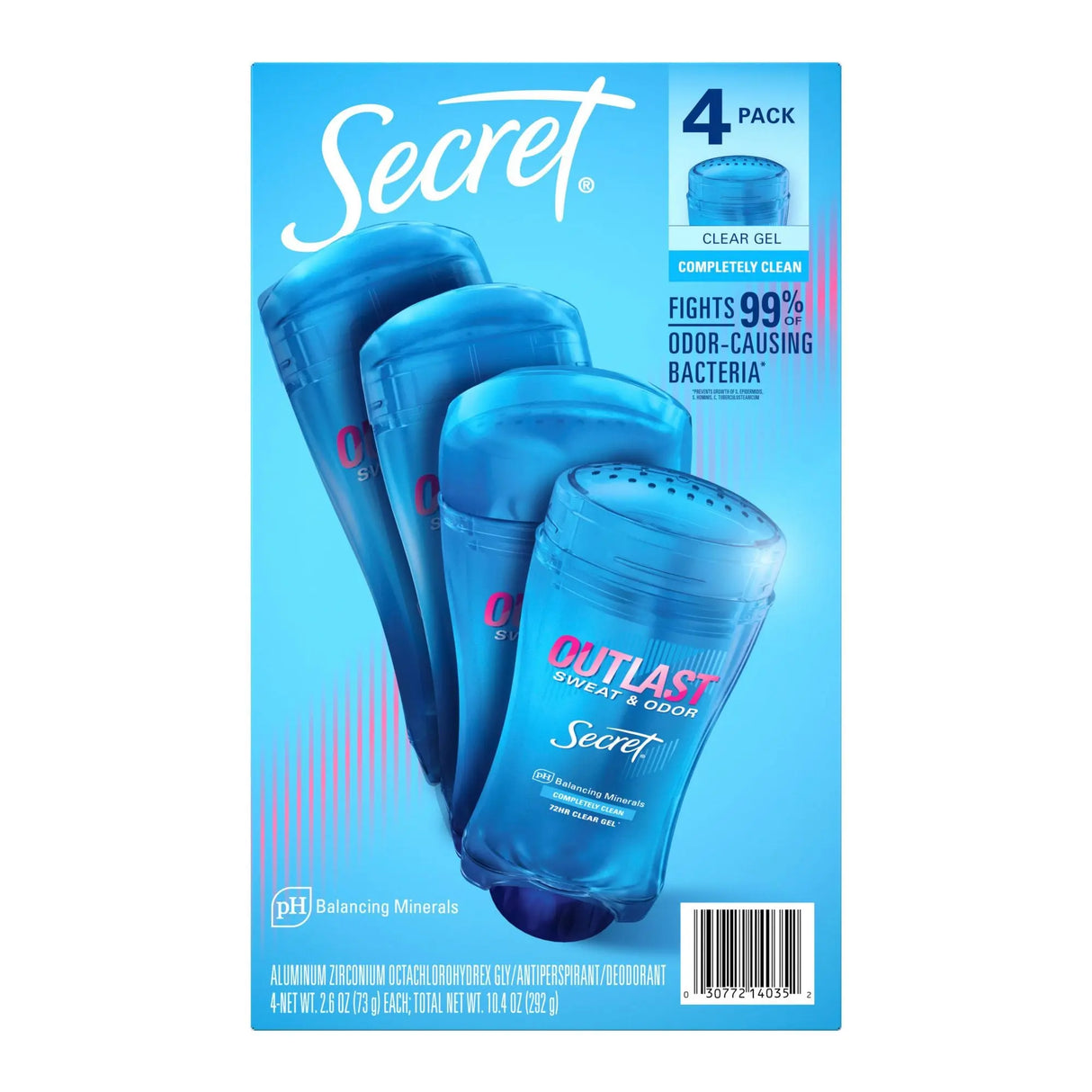 Secret Outlast Clear Gel Deodorant (4-Pack, 2.6 oz Each) | Shower Fresh Scent Secret