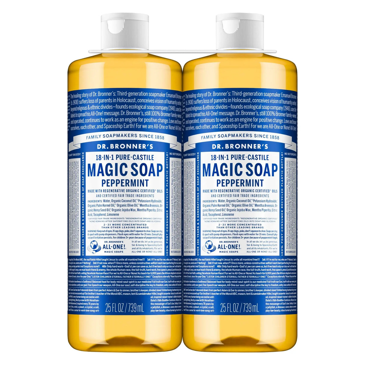 Dr. Bronner's Peppermint Castile Soap (2-Pack, 50 oz Each) | Versatile Organic Cleaning Dr Bronner's