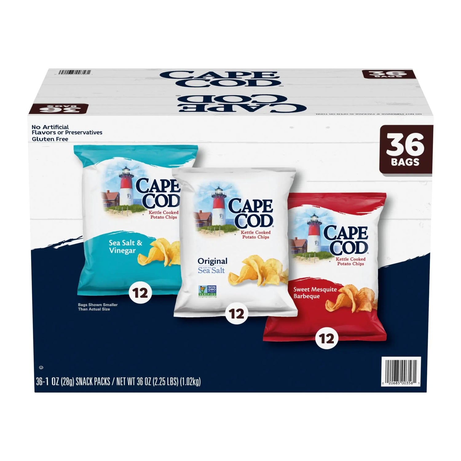 Cape Cod Kettle Chips Variety Pack (36-Pack, 1 oz Each) | Classic, No-Fat Potato Crunch Cape Cod