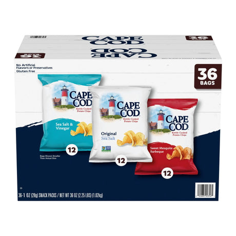 Cape Cod Kettle Chips Variety Pack (36-Pack, 1 oz Each) | Classic, No-Fat Potato Crunch Cape Cod