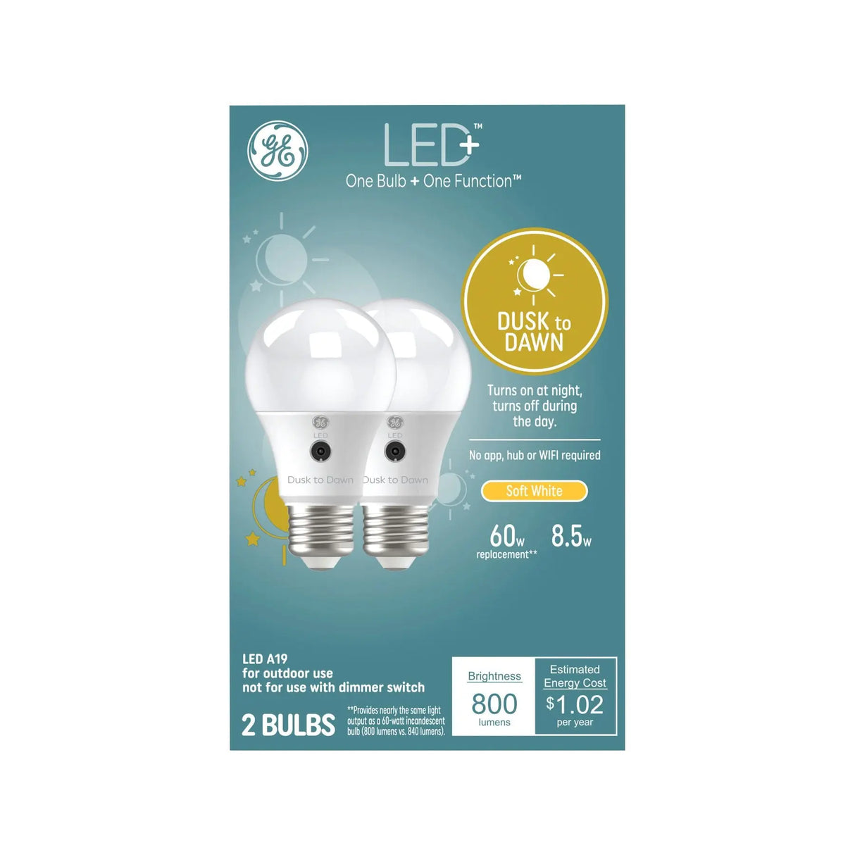 GE LED+ A19 Dusk-to-Dawn Bulbs (2-Pack) | Auto-On at Night for Added Convenience GE
