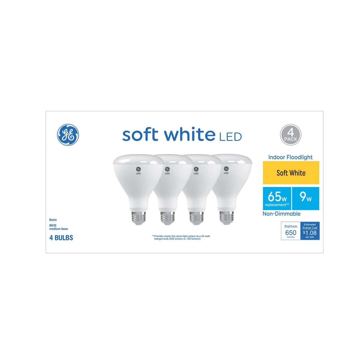GE 65W LED BR30 Floodlight Bulbs (4-Pack) | Soft White Glow for Indoor Fixtures GE