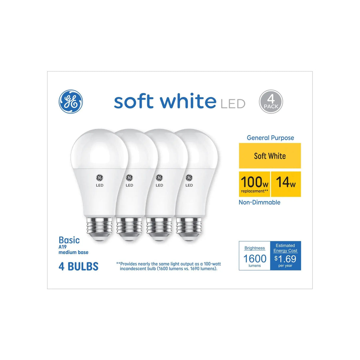 GE 100W LED A19 Light Bulbs (4-Pack) | Soft White Light with Long-Lasting Efficiency GE