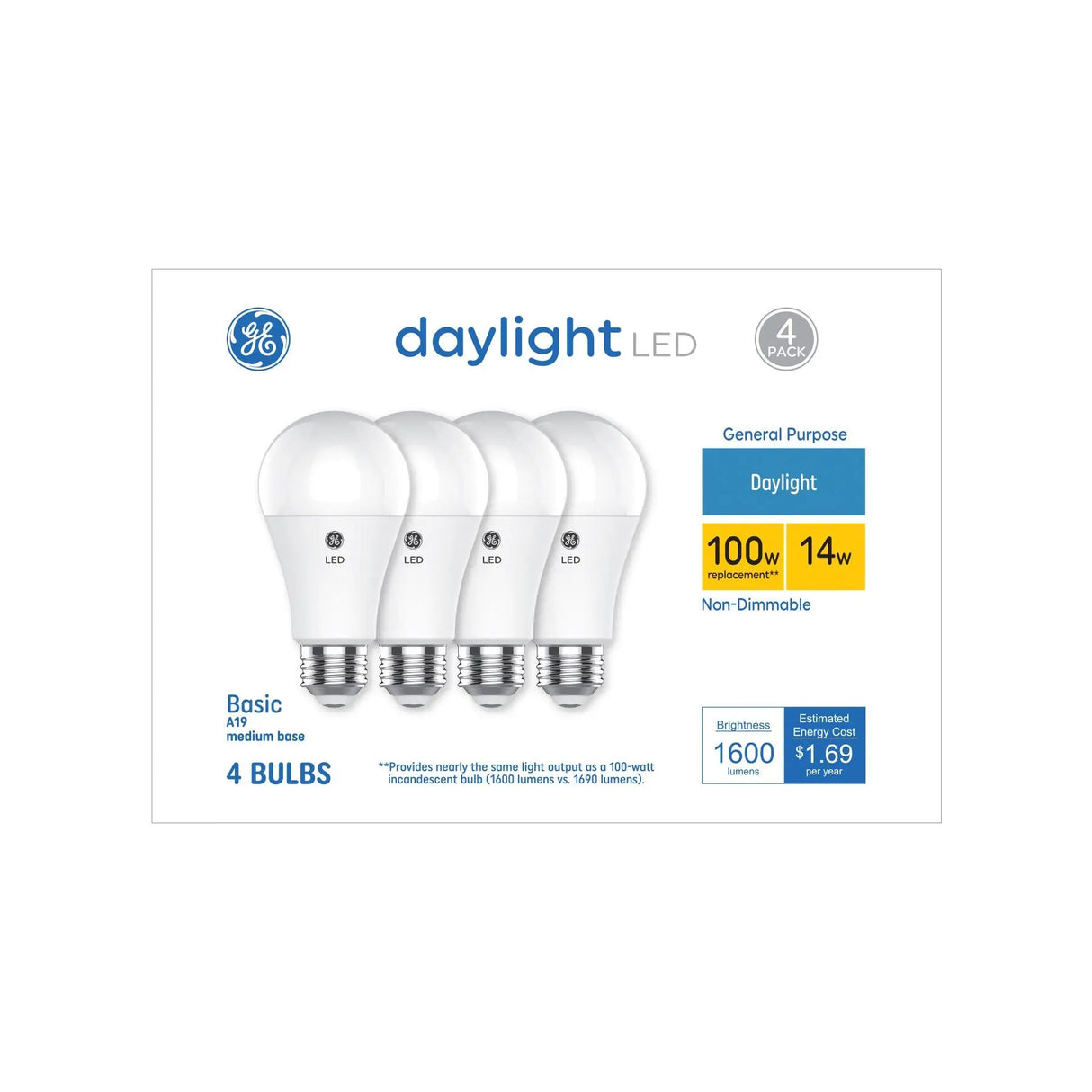 GE LED A19 Light Bulbs 100W Equivalent (4-Pack) | Bright Daylight, Long-Lasting Illumination GE