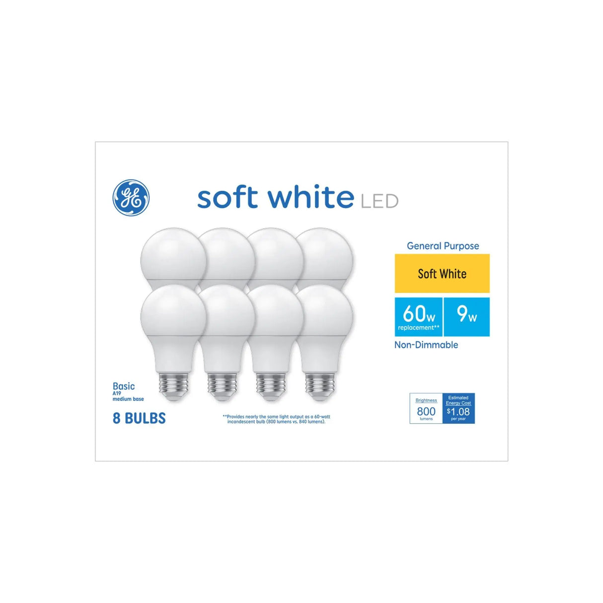 GE 60W A19 LED Bulbs (8-Pack) | Soft White Indoor Glow for Everyday Use GE