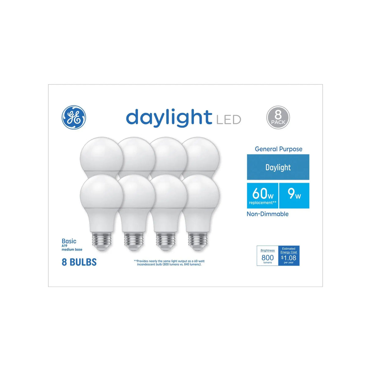 GE 60W A19 LED Bulbs (8-Pack) | Bright Daylight Glow for Crisp Indoor Lighting GE