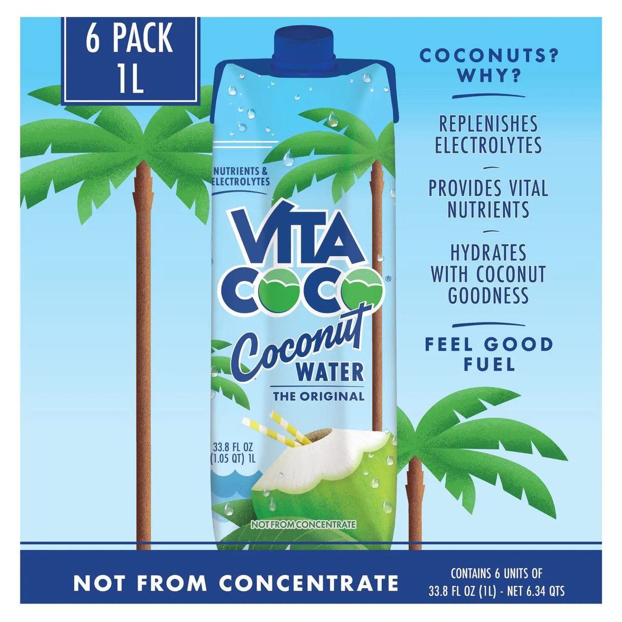 Vita Coco Pure Coconut Water (6-Pack, 1L Each) | Natural Hydration with Electrolytes Vita Coco