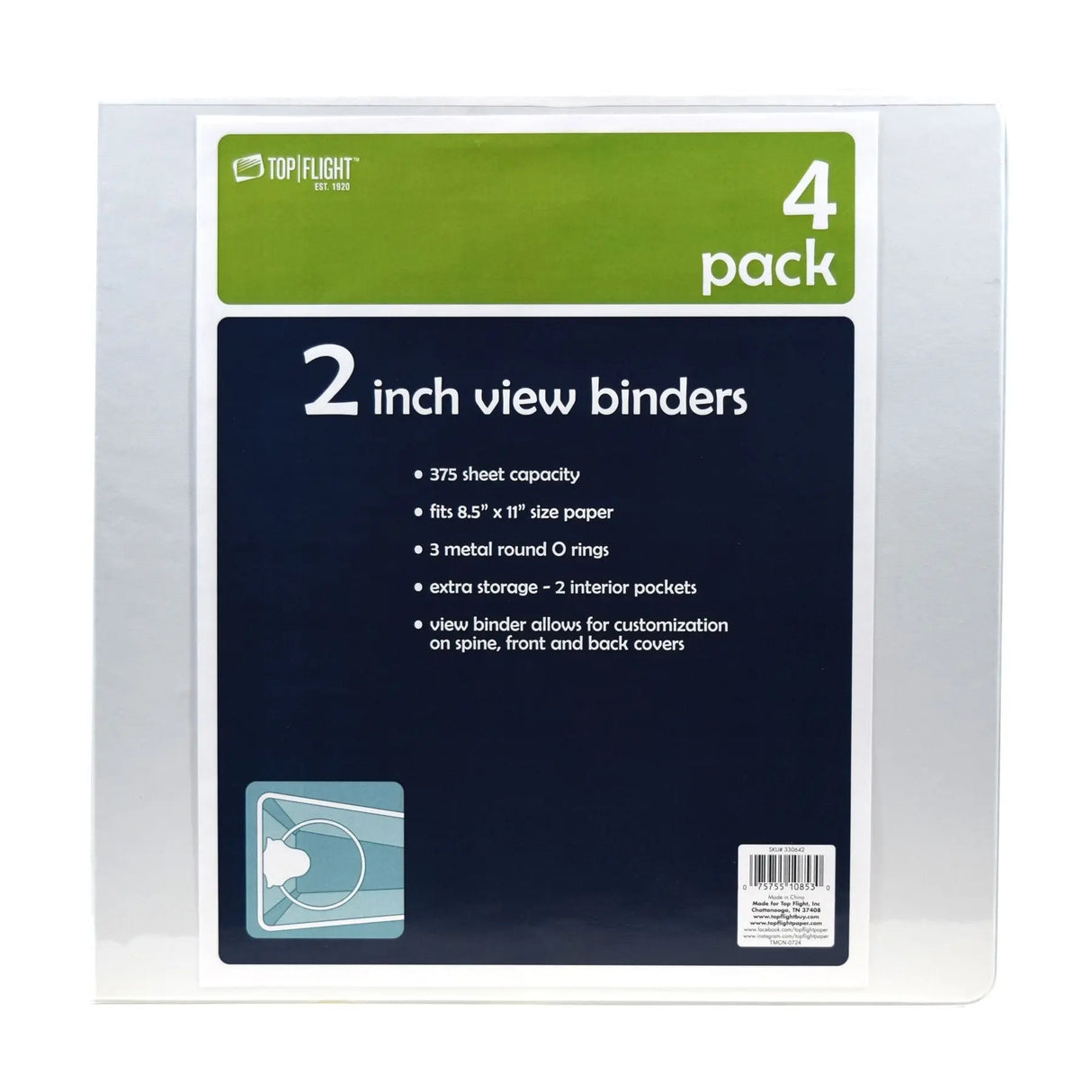 Top Flight 2" View Binders (4-Pack) | Clear Cover for Easy Labeling Top Flight