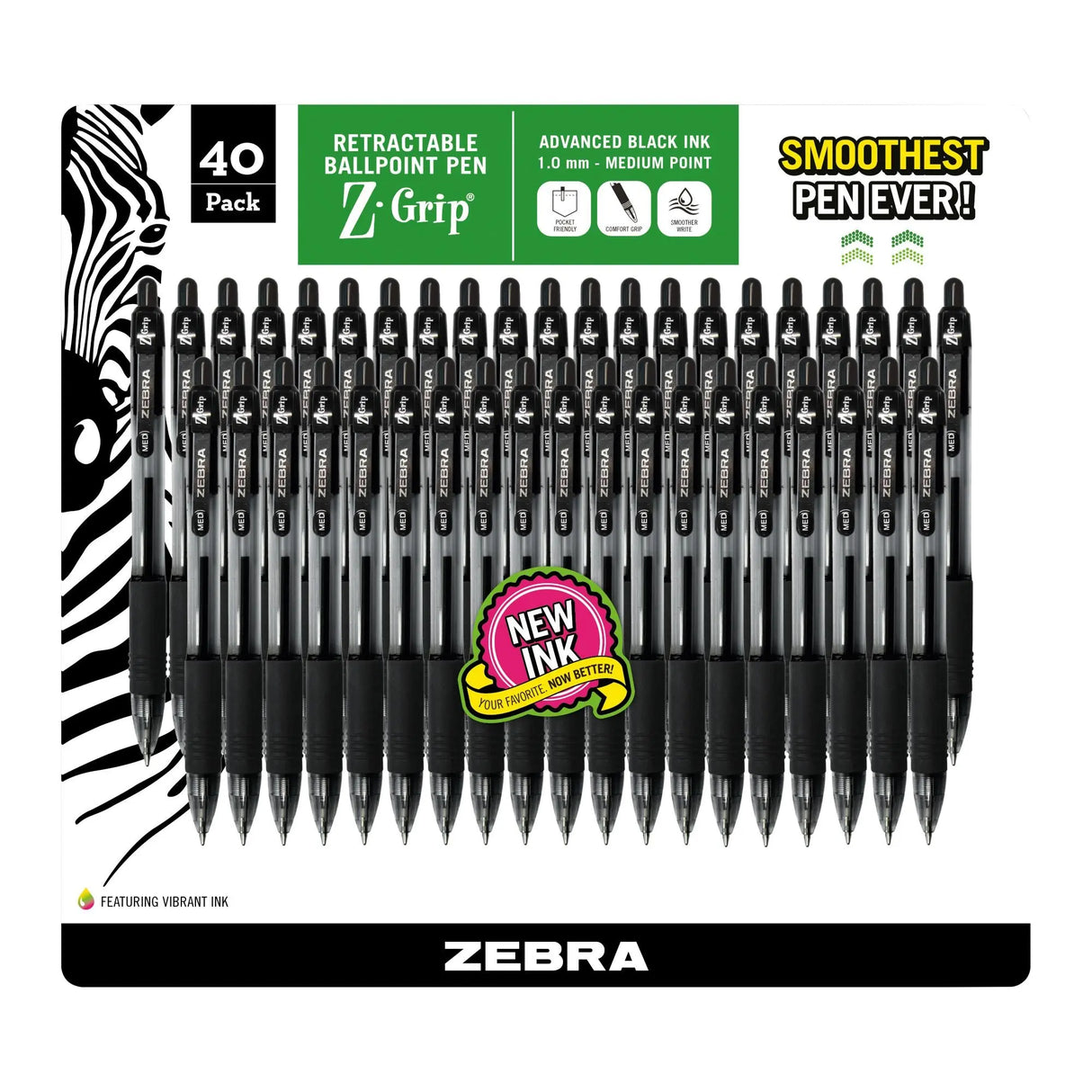 Z-Grip Retractable Ballpoint Pens (40-Pack, 1.0 mm) | Smooth Ink with Quick-Dry Technology Zebra Pen