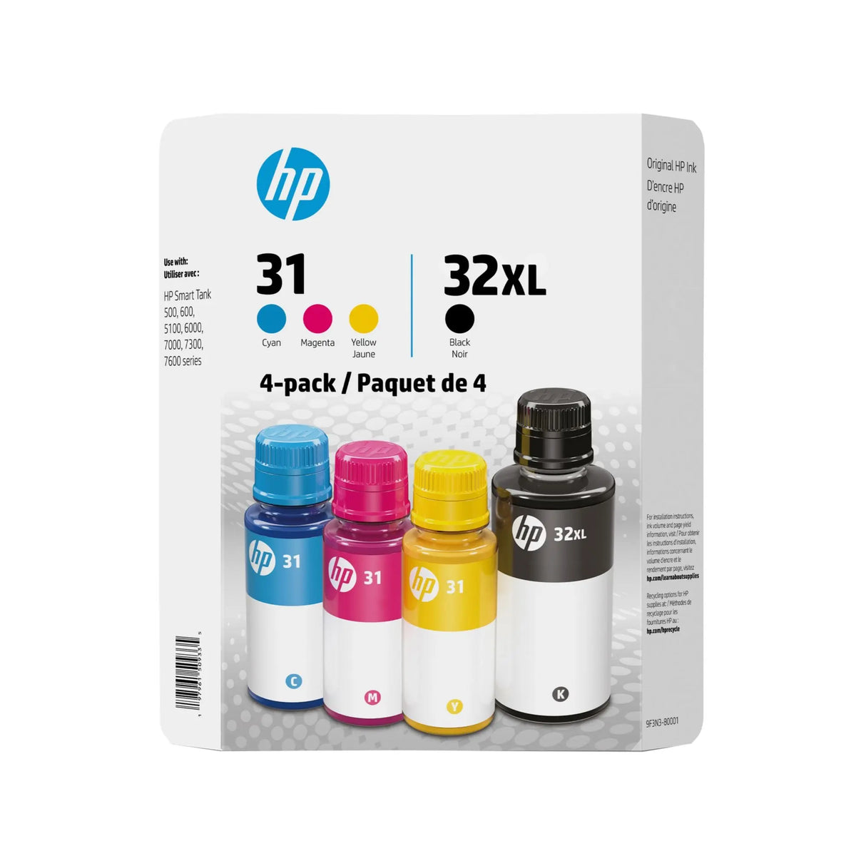 HP 31/32XL Ink Bottles (4-Pack) | High-Yield, Instant Ink Eligible Fillers HP