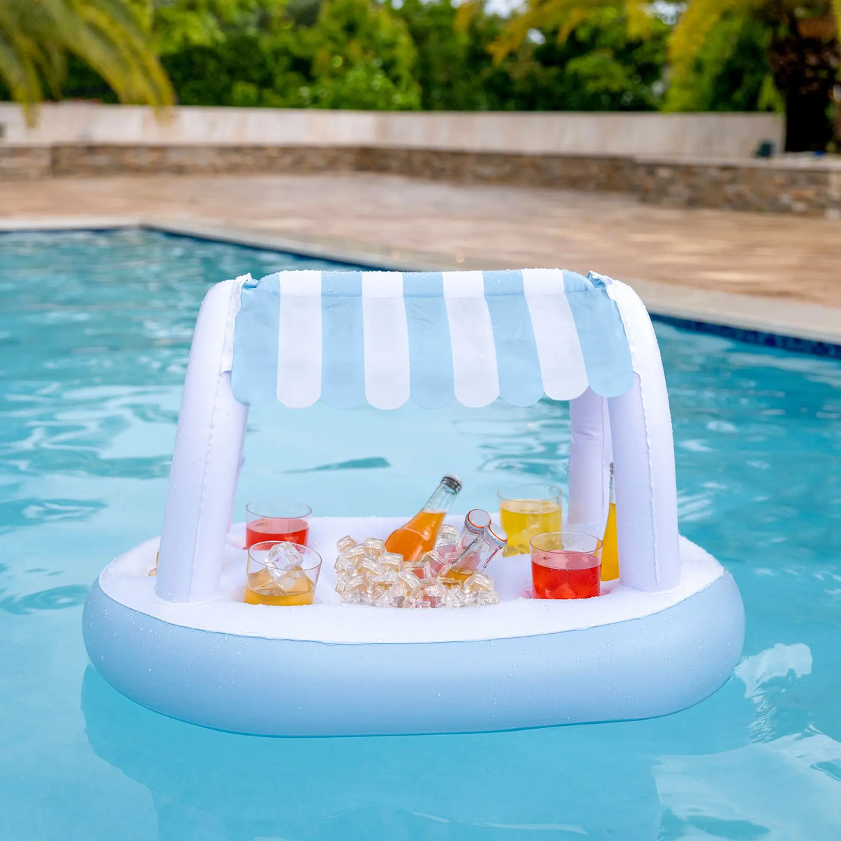 Inflatable Buffet with Cabana Stripe Canopy (28" x 18") | Floating Poolside Snack Station PoolCandy