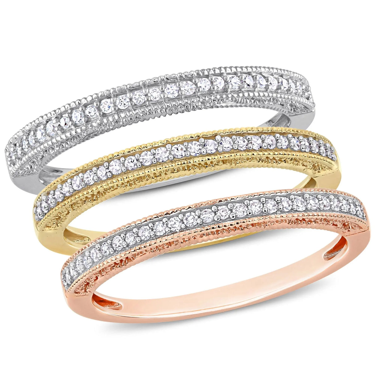 Diamond Stacking Ring Set (0.3 ct t.w., 10k Tri-Color Gold) | Stackable Style Trio AFS Wholesale Shop