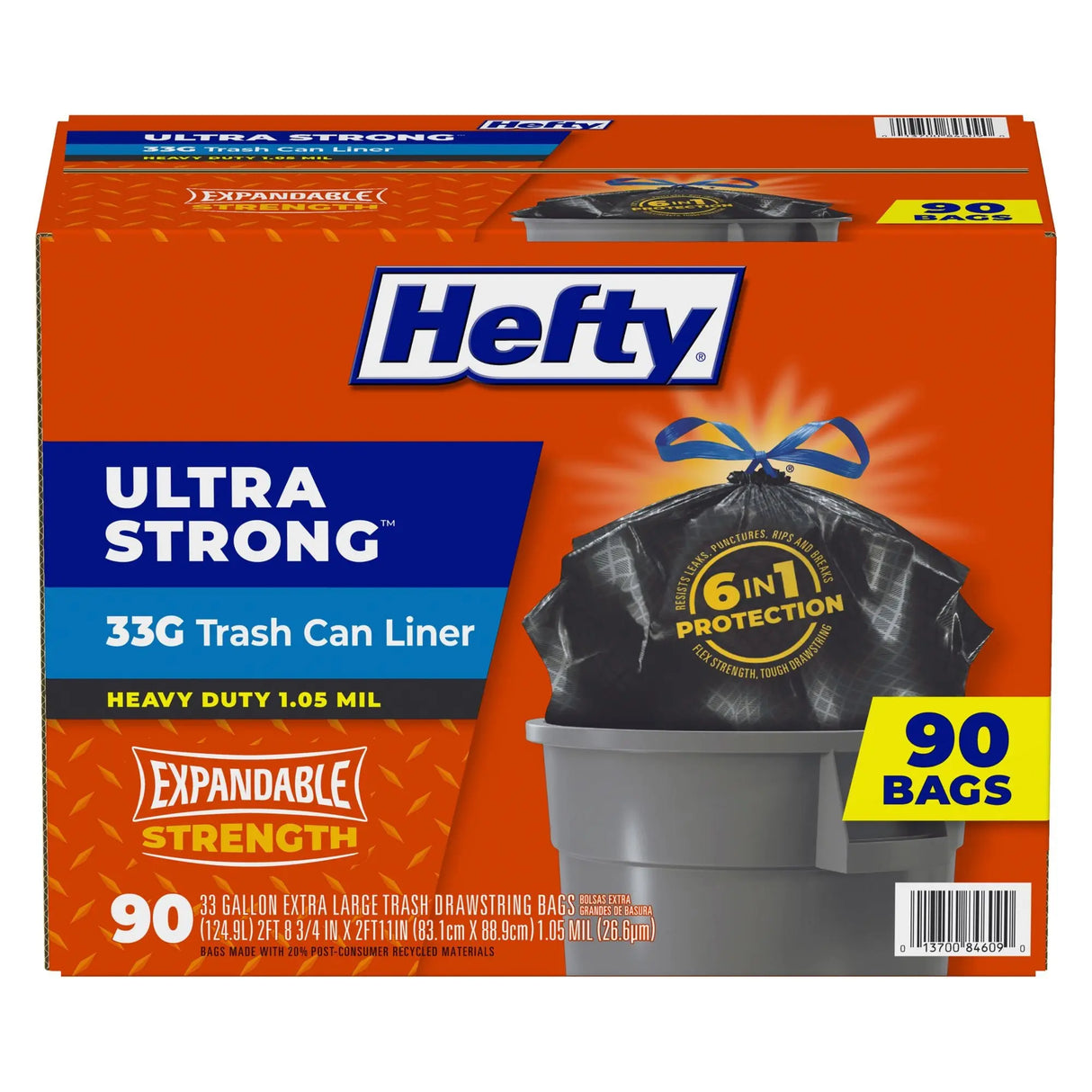 Hefty Ultra Strong Trash Can Liners (90 ct, 33 Gal) | Tear-Resistant Strength for Heavy Loads Hefty